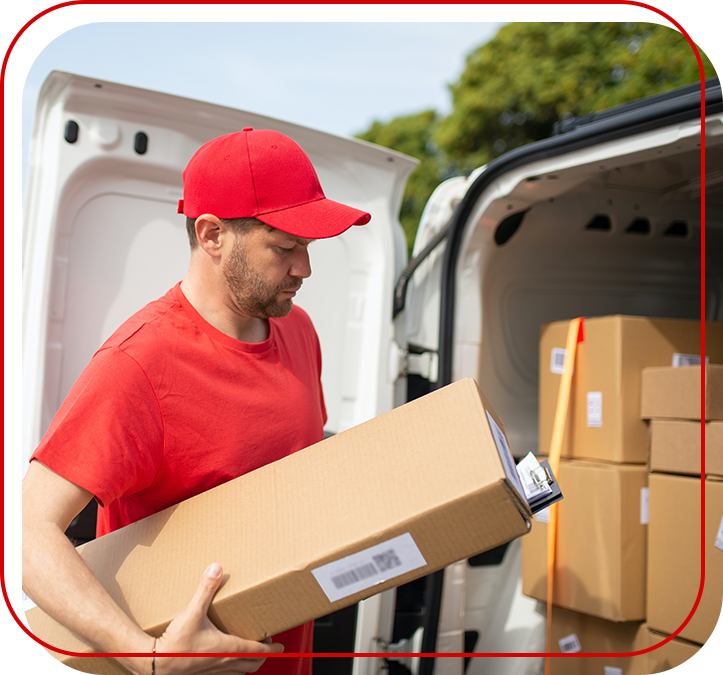 A man in red shirt holding box near truck.